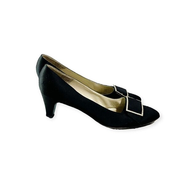 Vintage 60s Roger Vivier Black Satin Evening Pumps with Rhinestone Buckles - Picture 5 of 14